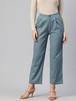 Twenty Dresses by Nykaa Fashion - Womens Teal Cotton Pleated Parallel Casual Trouser