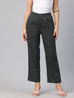 Twenty Dresses by Nykaa Fashion - Womens Charcoal Cotton Pleated Parallel Casual Trouser