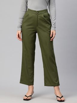 Twenty Dresses by Nykaa Fashion - Womens Olive Cotton Pleated Parallel Casual Trouser
