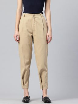 Twenty Dresses by Nykaa Fashion - Womens Solid Beige Tapered Fit Pleated Trouser