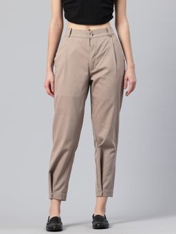 Twenty Dresses by Nykaa Fashion - Womens Solid Taupe Tapered Fit Pleated Trouser
