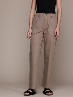 Twenty Dresses by Nykaa Fashion - Womens Solid Taupe Flat Front High Rise Pant