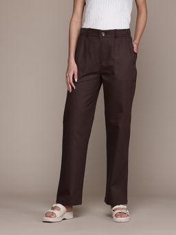 Twenty Dresses by Nykaa Fashion - Womens Solid Coffee Brown Flat Front High Rise Pant