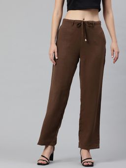 Twenty Dresses by Nykaa Fashion - Womens Solid Coffee Brown Straight Leg Flared Trouser