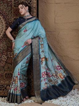 Akhilam - Women Viscose Silk Light Blue Printed Designer Saree with Unstitched Blouse