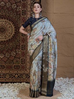 Akhilam - Women Viscose Silk Grey Printed Designer Saree with Unstitched Blouse