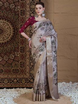 Akhilam - Women Viscose Silk Beige Printed Designer Saree with Unstitched Blouse
