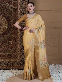 Akhilam - Women Viscose Silk Beige Printed Designer Saree with Unstitched Blouse