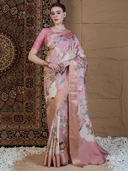 Akhilam - Women Viscose Silk Pink Printed Designer Saree with Unstitched Blouse