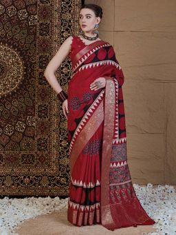 Akhilam - Women Viscose Silk Red Printed Designer Saree with Unstitched Blouse