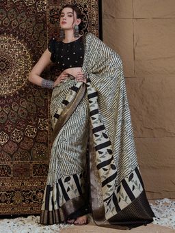 Akhilam - Women Viscose Silk Off White Printed Designer Saree with Unstitched Blouse