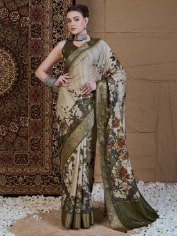 Akhilam - Women Viscose Silk Beige Printed Designer Saree with Unstitched Blouse