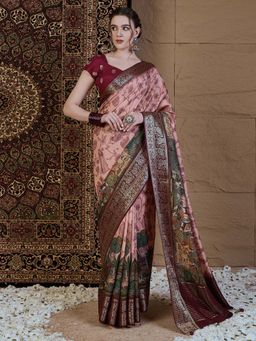 Akhilam - Women Viscose Silk Peach Printed Designer Saree with Unstitched Blouse