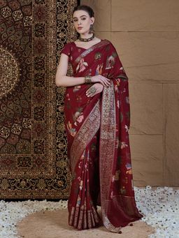 Akhilam - Women Viscose Silk Maroon Printed Designer Saree with Unstitched Blouse