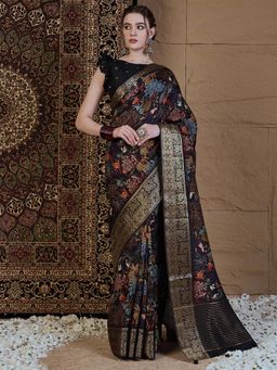 Akhilam - Women Viscose Silk Black Printed Designer Saree with Unstitched Blouse