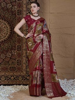 Akhilam - Women Viscose Silk Maroon Printed Designer Saree with Unstitched Blouse