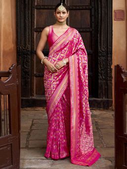 Akhilam - Women Silk Blend Pink Woven Design Designer Saree with Unstitched Blouse