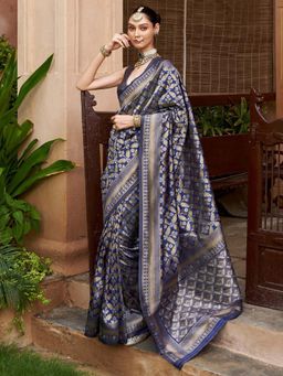 Akhilam - Women Silk Blend Navy Blue Woven Design Saree with Unstitched Blouse