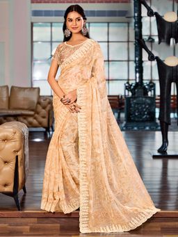 Akhilam - Women Chiffon Beige Embellished Designer Saree with Unstitched Blouse