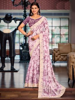 Akhilam - Women Chiffon Mauve Embellished Designer Saree with Unstitched Blouse