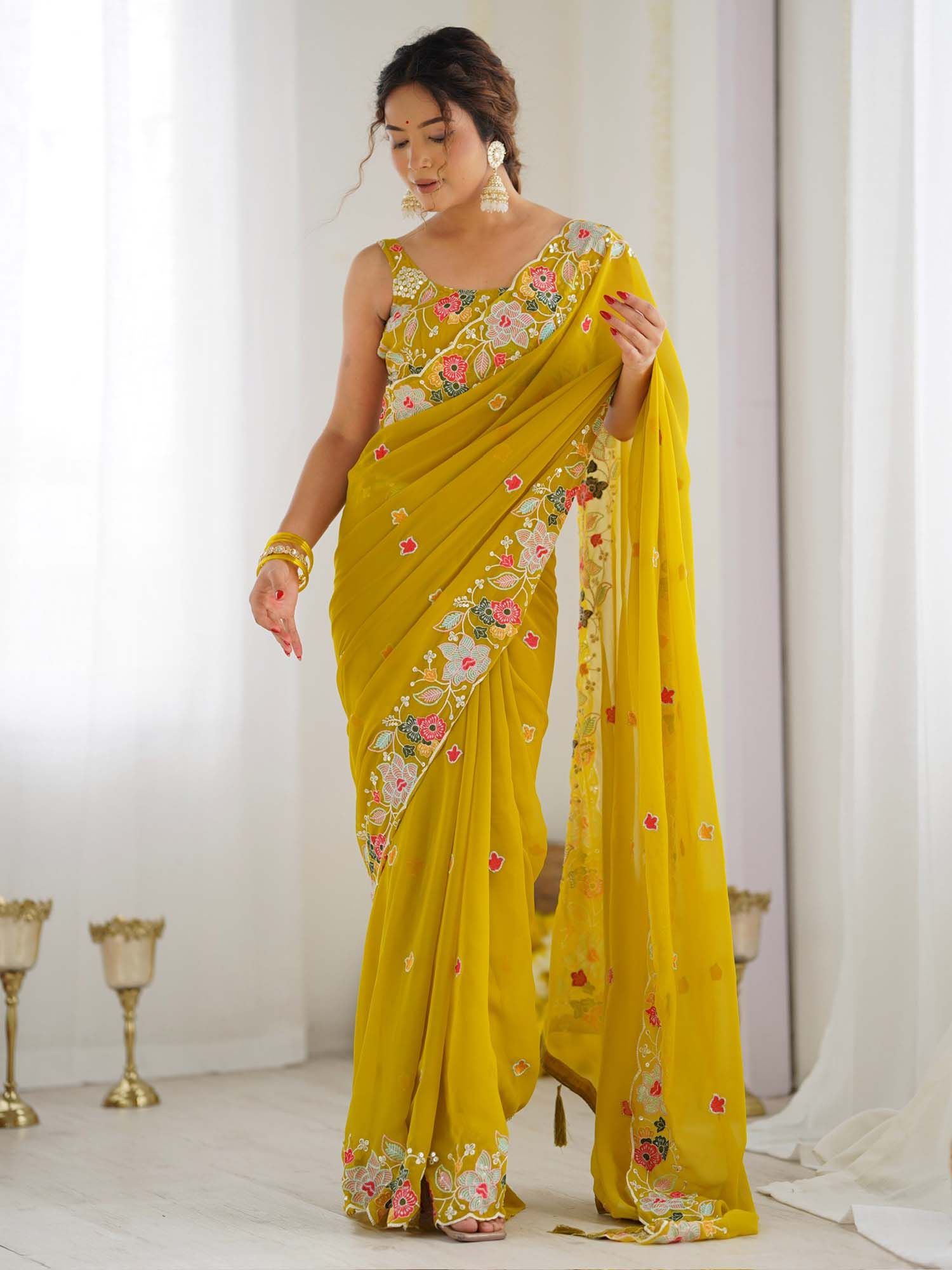 Women Georgette Mustard Embellished Designer Saree with Unstitched Blouse-image-10