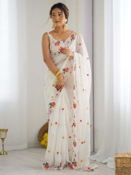Akhilam - Women Georgette White Embellished Designer Saree with Unstitched Blouse