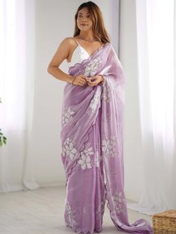 Akhilam - Women Organza Lavendar Embellished Designer Saree with Unstitched Blouse