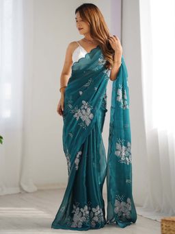 Akhilam - Women Organza Teal Blue Embellished Designer Saree with Unstitched Blouse