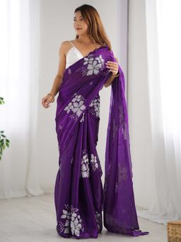Akhilam - Women Organza Purple Embellished Designer Saree with Unstitched Blouse