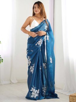Akhilam - Women Organza Blue Embellished Designer Saree with Unstitched Blouse