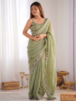 Akhilam - Women Paper Silk Light Green Embroidered Saree with Unstitched Blouse