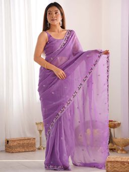 Akhilam - Women Paper Silk Lavendar Embroidered Designer Saree with Unstitched Blouse
