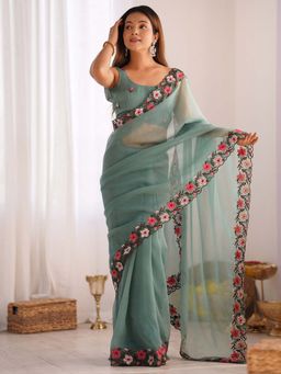 Akhilam - Women Paper Silk Sea Green Embroidered Designer Saree with Unstitched Blouse