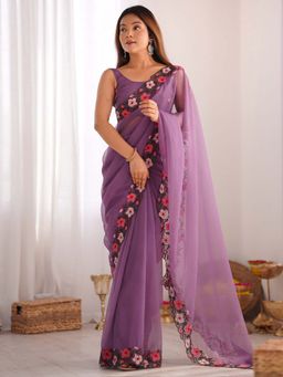 Akhilam - Women Paper Silk Lavendar Embroidered Designer Saree with Unstitched Blouse