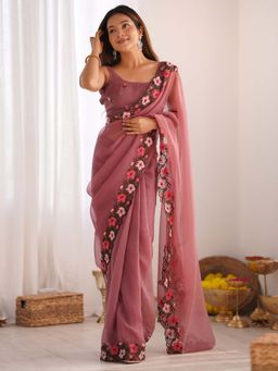 Akhilam - Women Paper Silk Rose Gold Embroidered Designer Saree with Unstitched Blouse