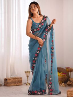 Akhilam - Women Paper Silk Blue Embroidered Designer Saree with Unstitched Blouse