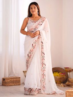 Akhilam - Women Organza White Embellished Designer Saree with Unstitched Blouse