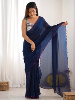 Akhilam - Women Satin Silk Teal Blue Embroidered Designer Saree with Unstitched Blouse