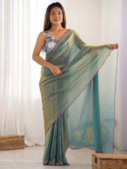 Akhilam - Women Satin Silk Sea Green Embroidered Designer Saree with Unstitched Blouse