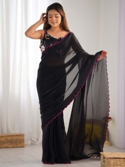 Akhilam - Women Satin Silk Black Embroidered Designer Saree with Unstitched Blouse