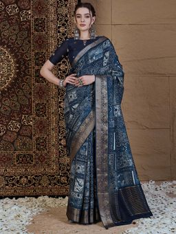 Akhilam - Women Viscose Silk Navy Blue Printed Designer Saree with Unstitched Blouse