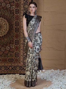 Akhilam - Women Viscose Silk Beige Printed Designer Saree with Unstitched Blouse
