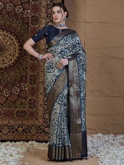 Akhilam - Women Viscose Silk Off White Printed Designer Saree with Unstitched Blouse