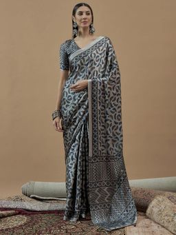 Akhilam - Women Crepe Grey Printed Designer Saree with Unstitched Blouse