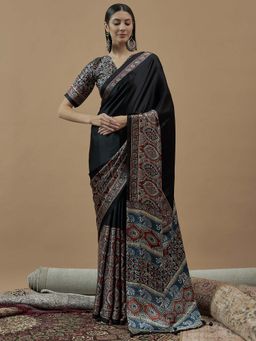 Akhilam - Women Crepe Black Printed Designer Saree with Unstitched Blouse