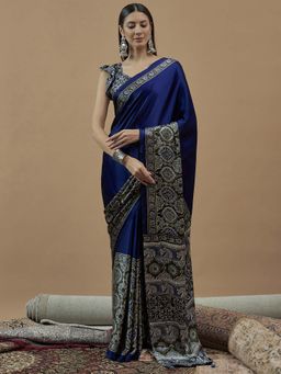Akhilam - Women Crepe Blue Printed Designer Saree with Unstitched Blouse