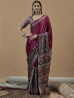 Akhilam - Women Crepe Magenta Printed Designer Saree with Unstitched Blouse