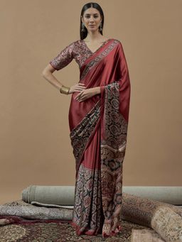 Akhilam - Women Crepe Maroon Printed Designer Saree with Unstitched Blouse