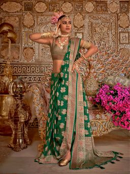 Elora - Soft Georgette butta Weaving banarasi Saree (Dark Green)
