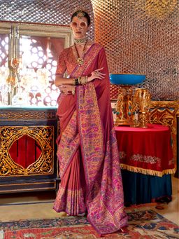 Elora - Soft Silk Stripes & Pashmina Printed Saree (Red)